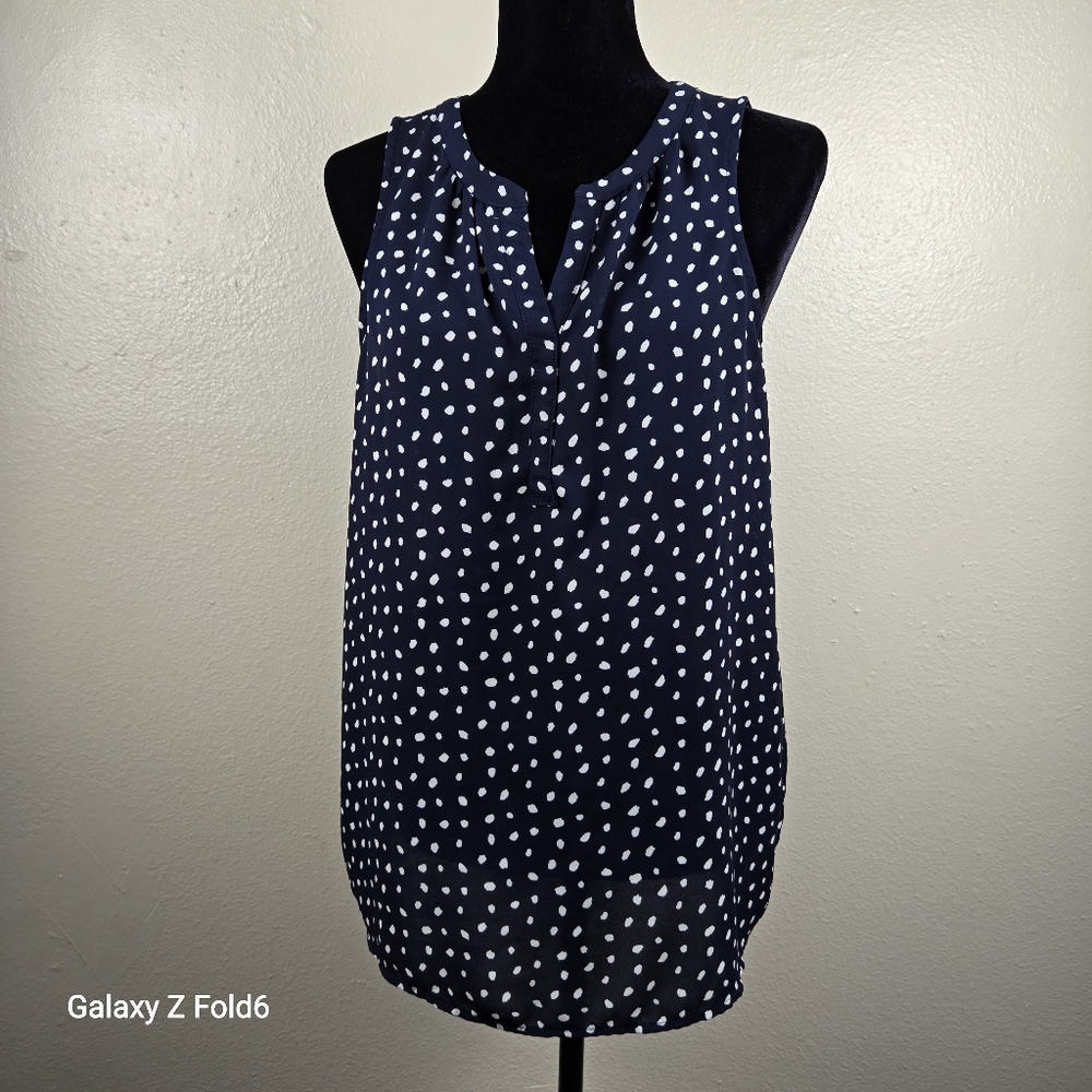 41 Hawthorn‎ Navy White Polka Dot Sleeveless Blouse Women’s L Office WorkWear